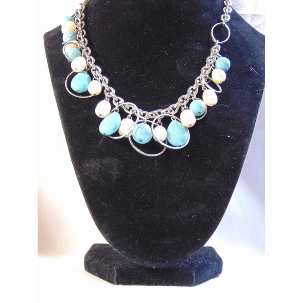 LIA SOPHIA STATEMENT NECKLACE WOMEN 19IN SILVER TURQUOISE PEARL EXCELLENT DANGLE - Picture 4 of 6